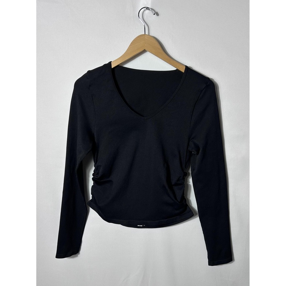 OQQ Shirt Womens Large Black V Neck Long Sleeve Ruched Stretch Slim Fit Top